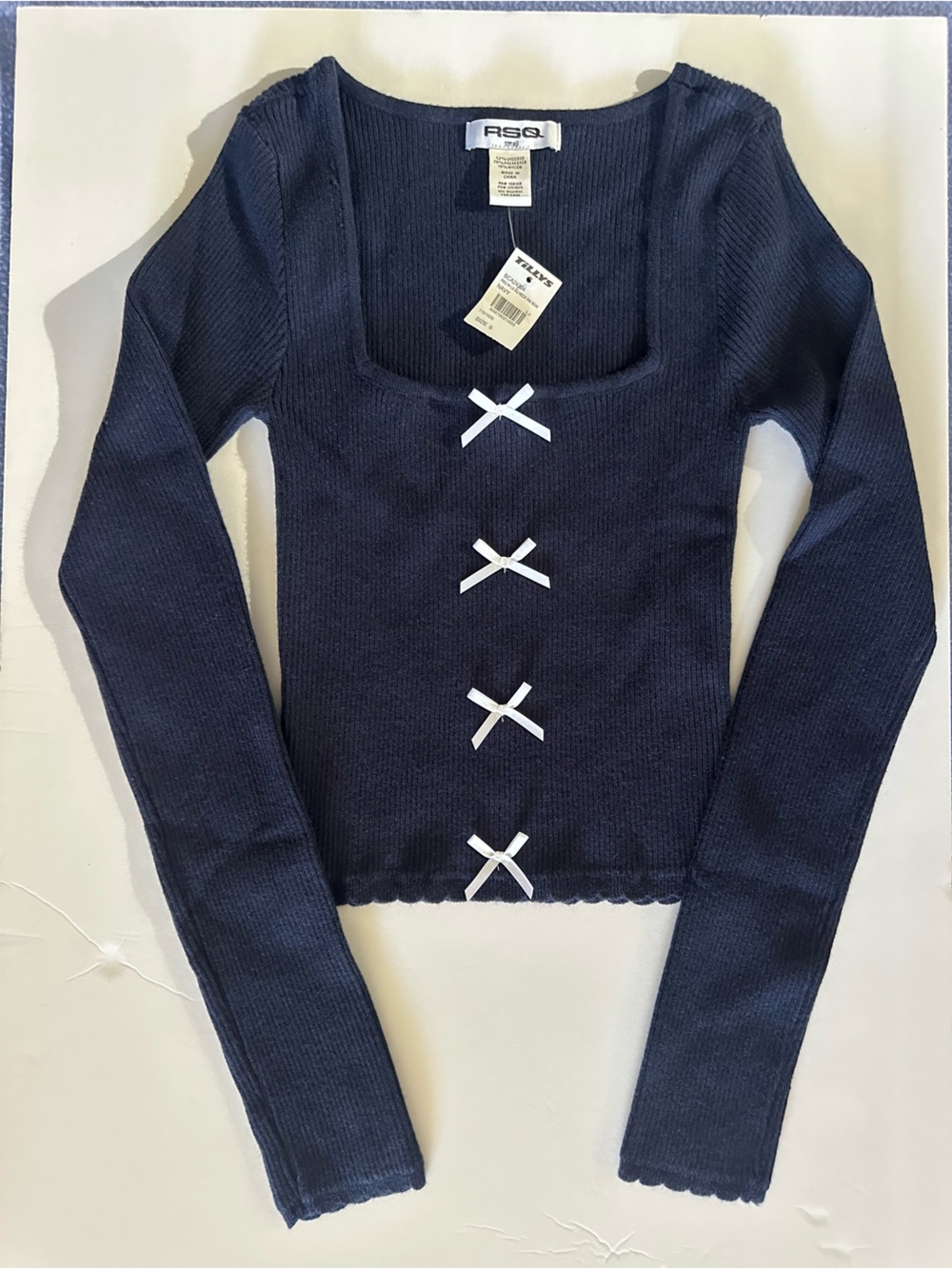RSQ Tilly's Navy Rib Knit Bow Long Sleeve Top Small NWT Coquette Y2K